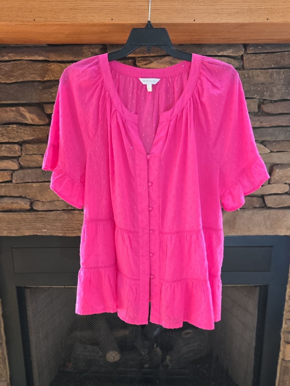 crown & ivy Hot Pink Button-Front Tiered Blouse